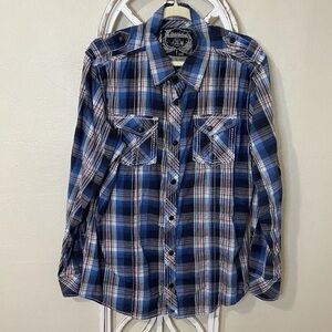 BUCKLE BLACK LABEL NO 048 mens large slim fit PLAID EMBROIDERY BUTTON DOWN SHIRT